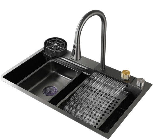 Kitchen Sink Single Bowl Stainless Steel With Waterfall Faucet Nano Wash Basin 1