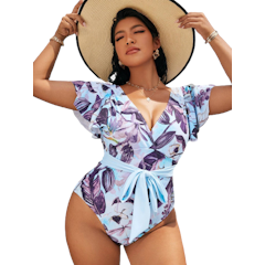 Plus Size Plant Print Knot Front One Piece Swimsuit