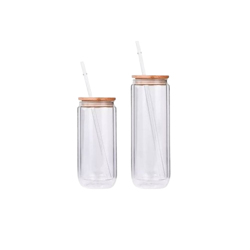 Double Wall Soda Glass Cup W/ Bamboo Lid & Straw 2
