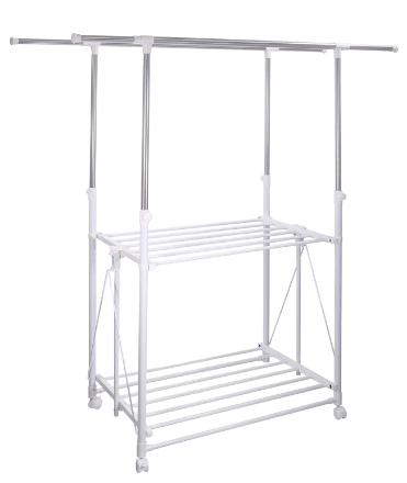 Adjustable Twin Pole Clothes Rack with Storage Stainless Steel Compound Tube	 1