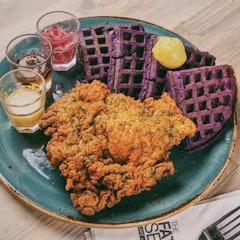 Buttermilk Fried Chicken With Ube Waffles and Salted Egg Sauce
