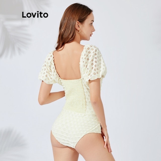 Elegant Plain Shirred Eyelet Embroidery One-Piece 2