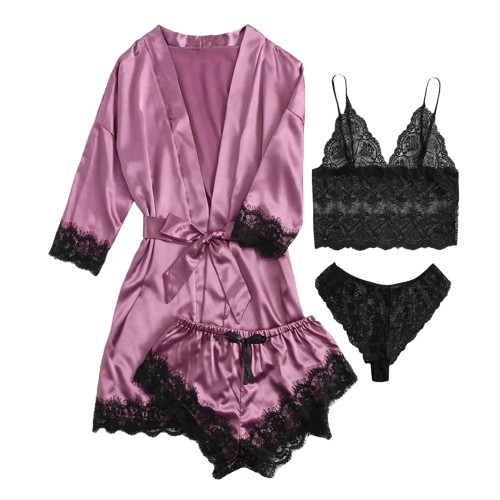 Women Sexy 4-Piece Silk Lace Strapless Nightgown Set 3