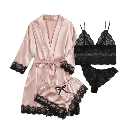 Women Sexy 4-Piece Silk Lace Strapless Nightgown Set 1