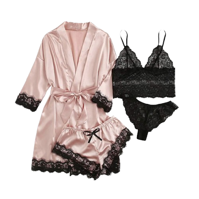 Women Sexy 4-Piece Silk Lace Strapless Nightgown Set 1