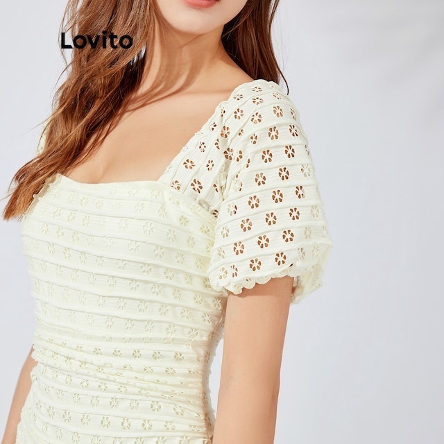 Elegant Plain Shirred Eyelet Embroidery One-Piece 3