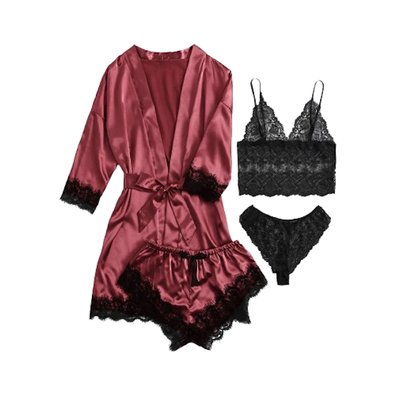 Women Sexy 4-Piece Silk Lace Strapless Nightgown Set 2