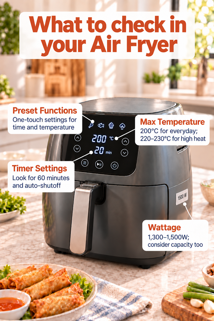 Check Preset Functions, Max Temperature, Timer Settings, and Wattage
